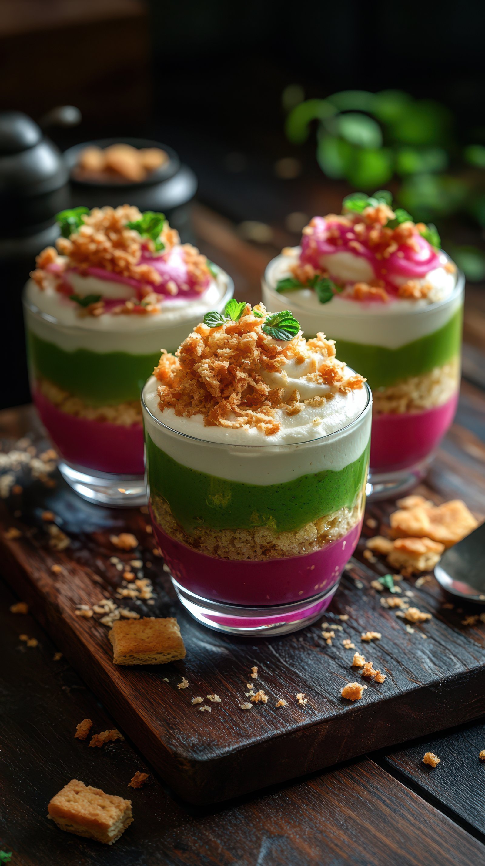 Delicious dessert layers in vibrant colors with crunchy toppings served on a wooden table